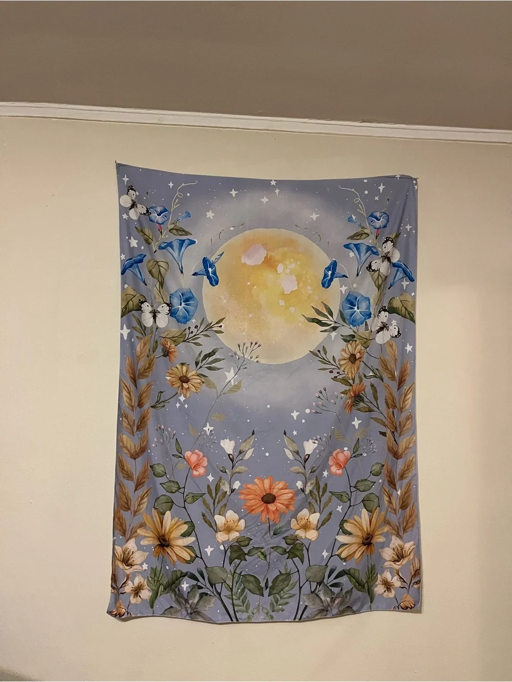 Floral Moon Wall Tapestry in Blue and Yellow